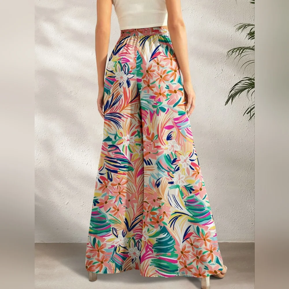 Tropical Leaf Print Wide-Leg Pants - Sherbet - Picture 3 of 4